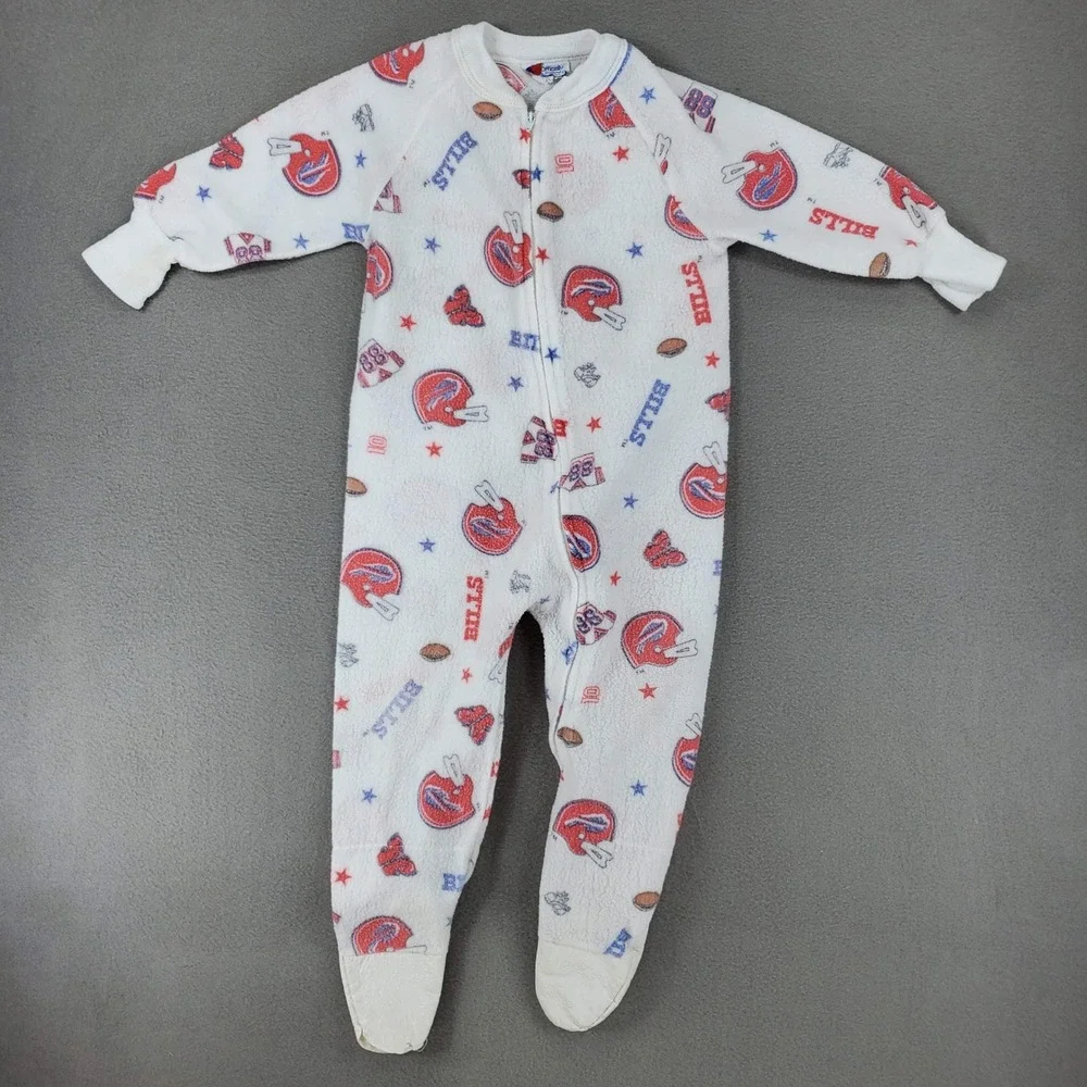 FLAW* Vintage Footed Pajamas Baby 3 White NFL Buffalo Bills Fleece Zip Up USA